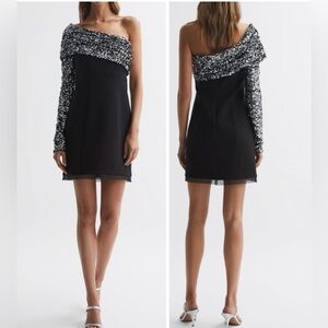 Halston NWT Black Silver One Shoulder Sequin Karlyn Mini Dress
